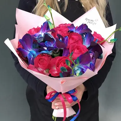 Купить Орхидеи дендробиумы Блю и розовая роза (6+9) арт. 12119 (2) в Москве