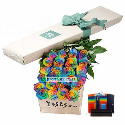 Купить 25 радужных роз в подарочной коробке. New! в Москве