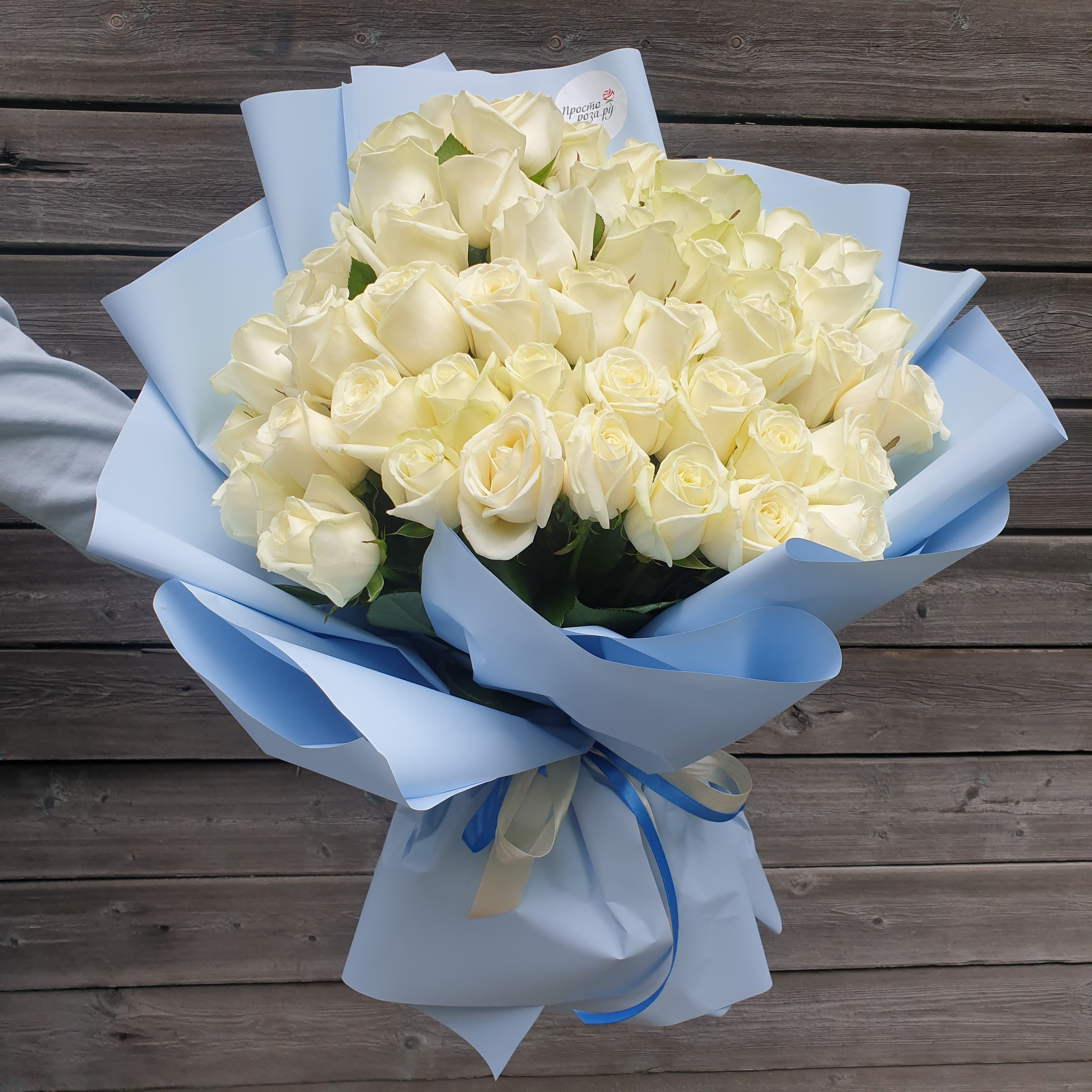 Розы 51 шт белые 50 см в голубой упаковке каскадом